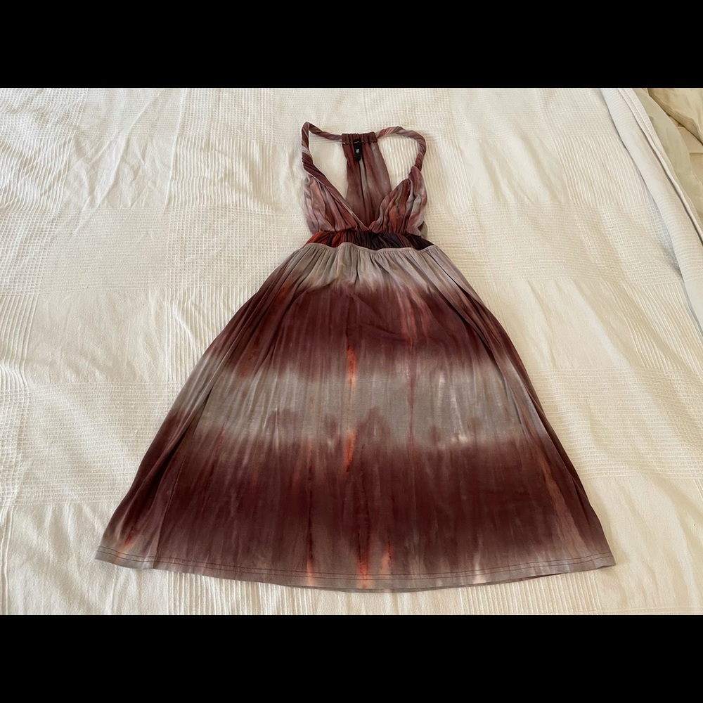 iOi tie dye pleated V-neck brown beige A-line open back sleeveless dress, size S